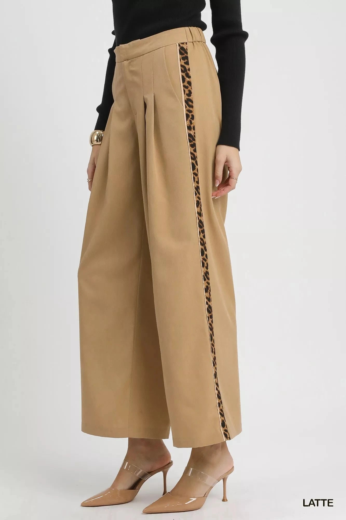 Umgee Front Pleated Wide-Leg Pants with Contrast Trim pant jehouze