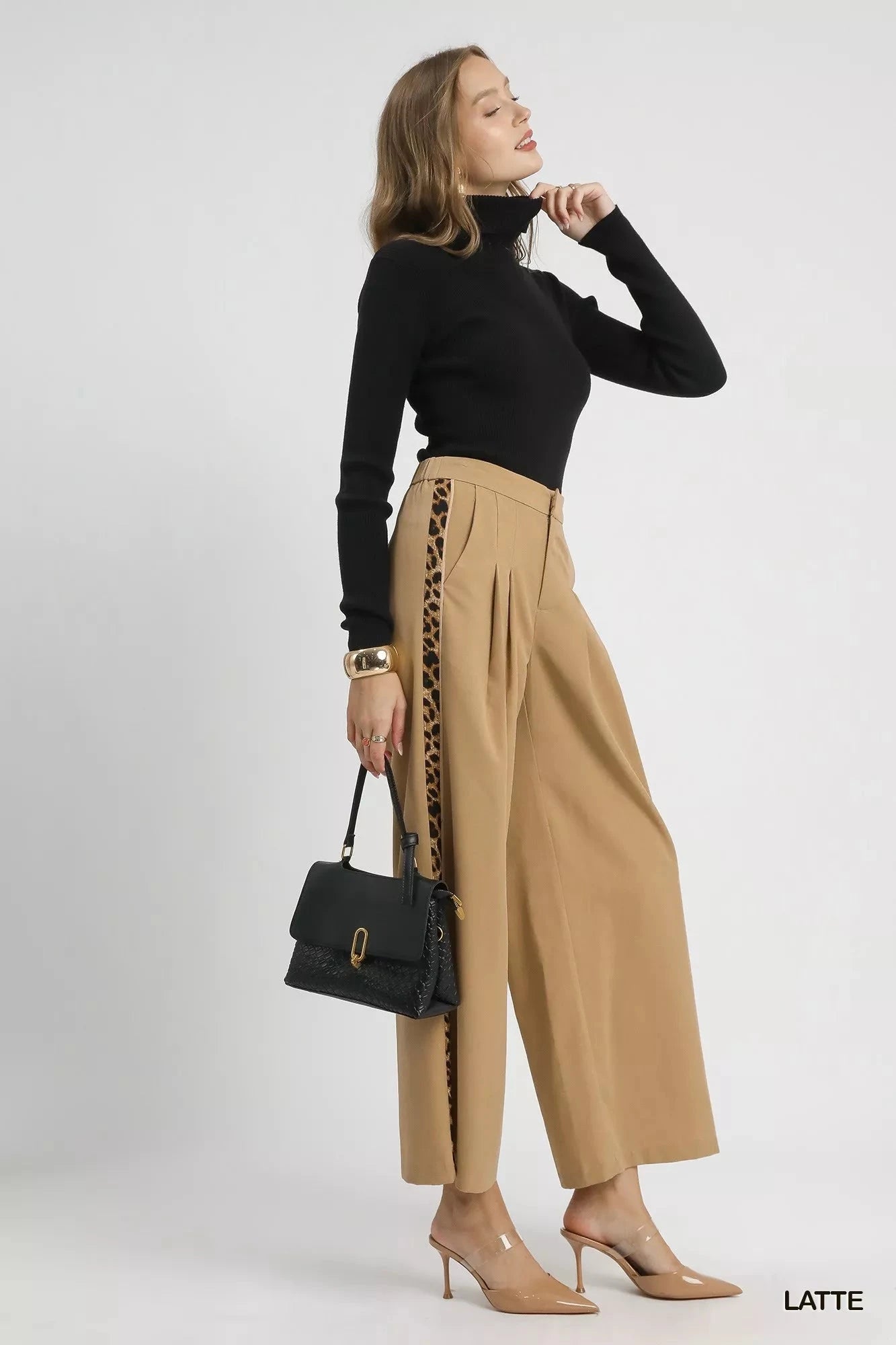 Umgee Front Pleated Wide-Leg Pants with Contrast Trim pant jehouze LATTE S