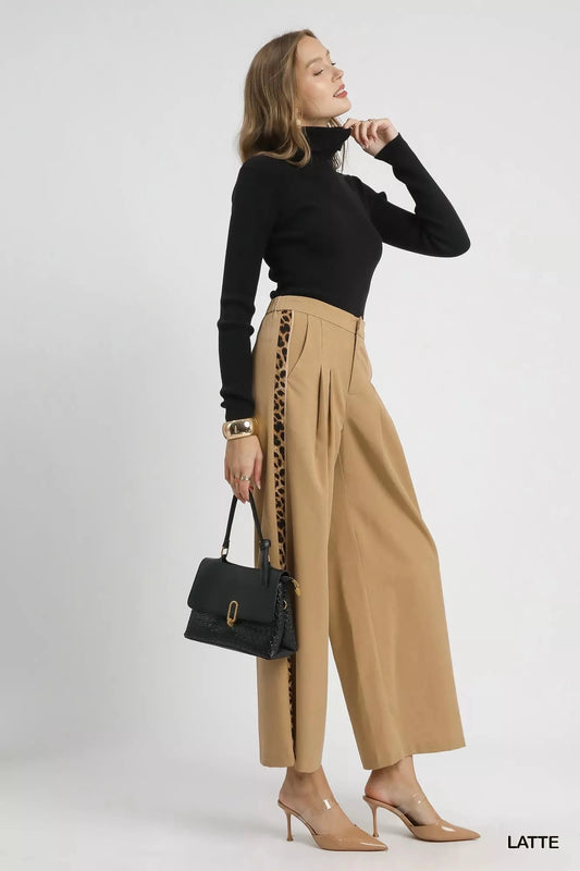Umgee Front Pleated Wide-Leg Pants with Contrast Trim pant jehouze LATTE S
