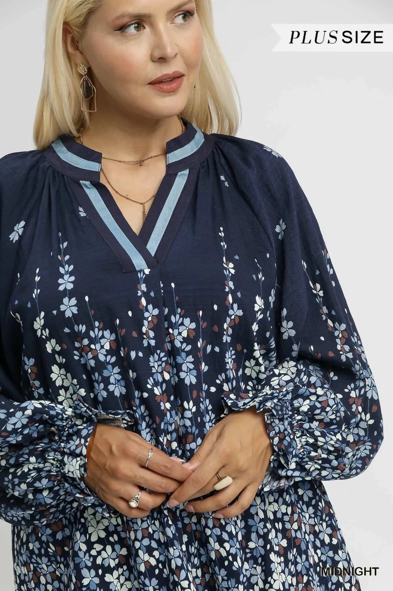 Umgee Full Size Floral Vine Print Blouse with Balloon Sleeves Plus Size jehouze