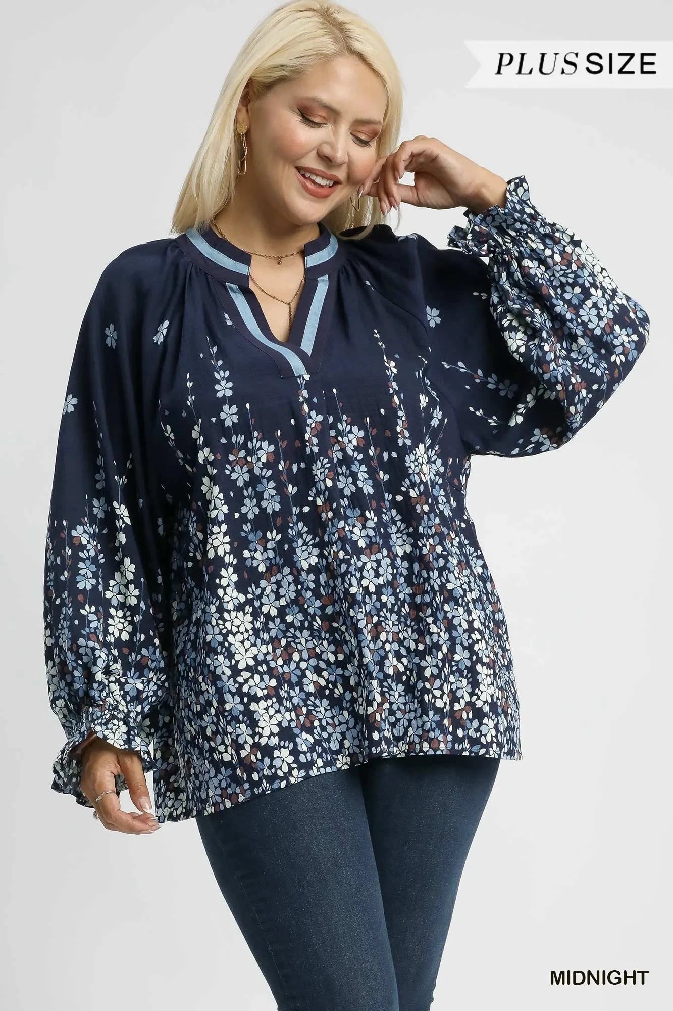 Umgee Full Size Floral Vine Print Blouse with Balloon Sleeves Plus Size jehouze