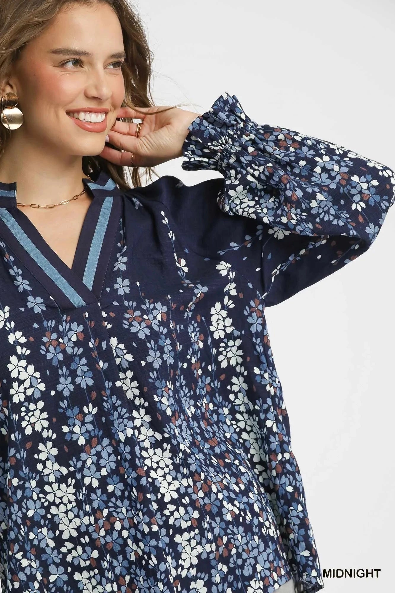Umgee Full Size Floral Vine Print Blouse with Balloon Sleeves Plus Size jehouze