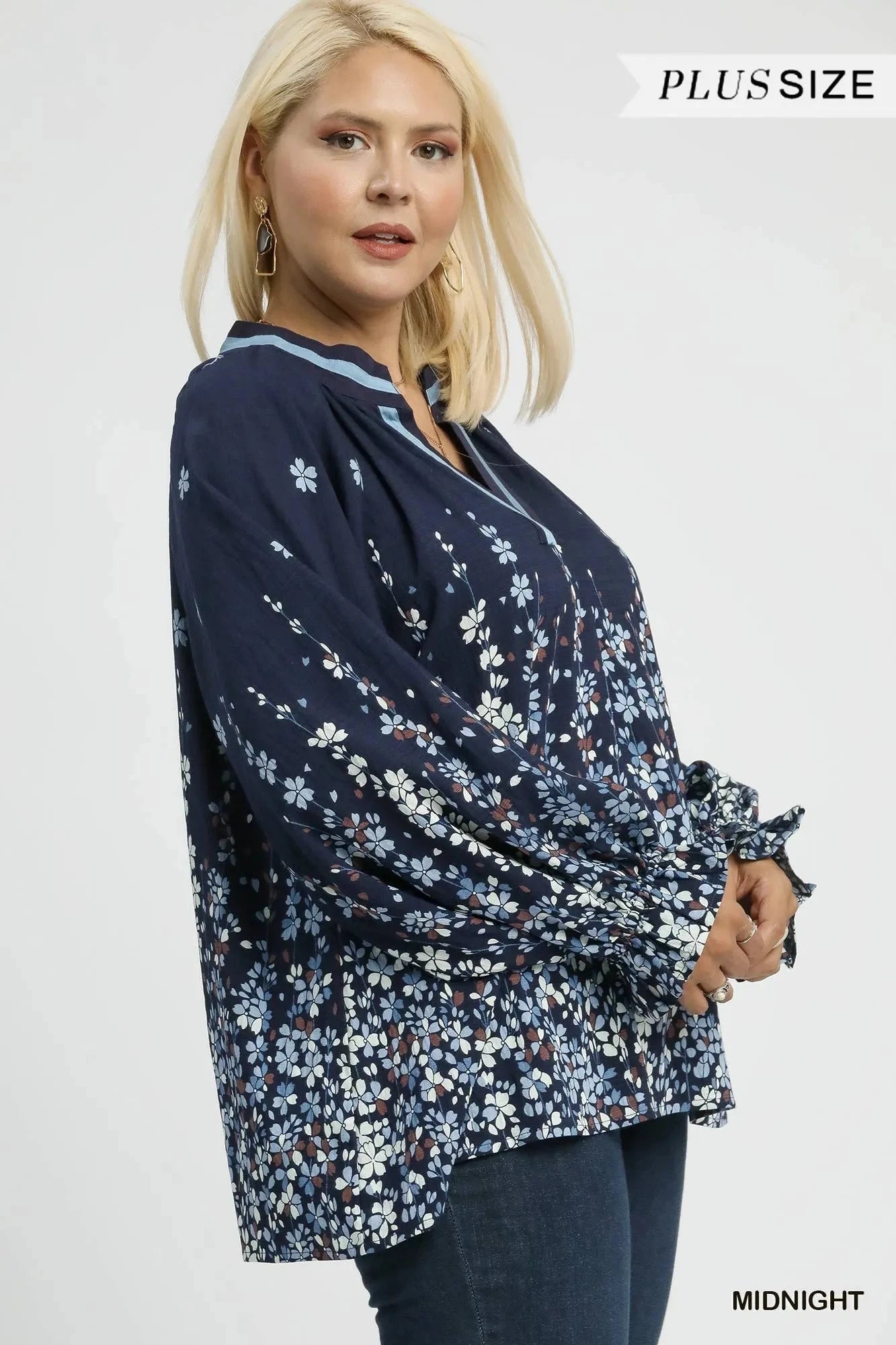 Umgee Full Size Floral Vine Print Blouse with Balloon Sleeves Plus Size jehouze