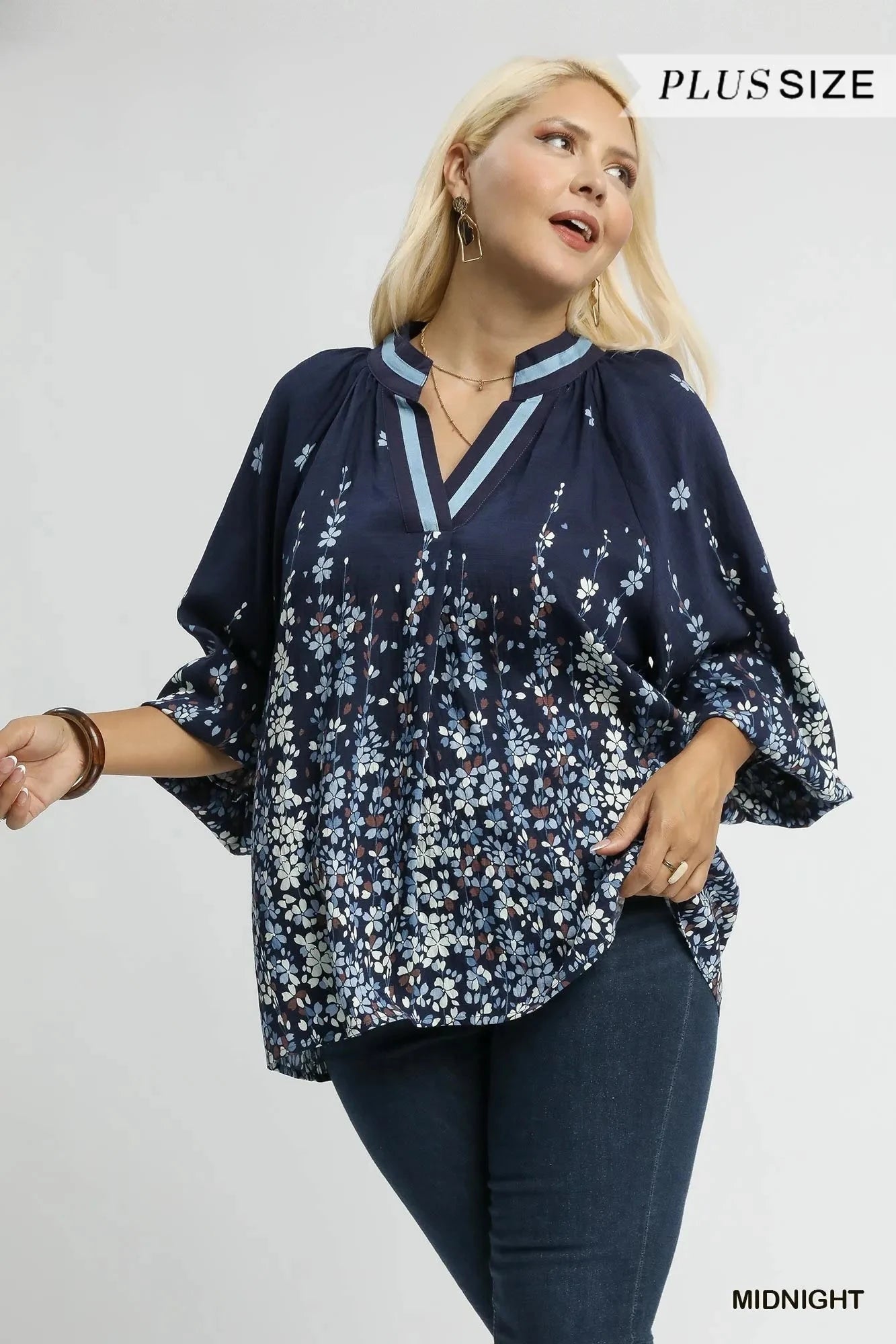 Umgee Full Size Floral Vine Print Blouse with Balloon Sleeves Plus Size jehouze
