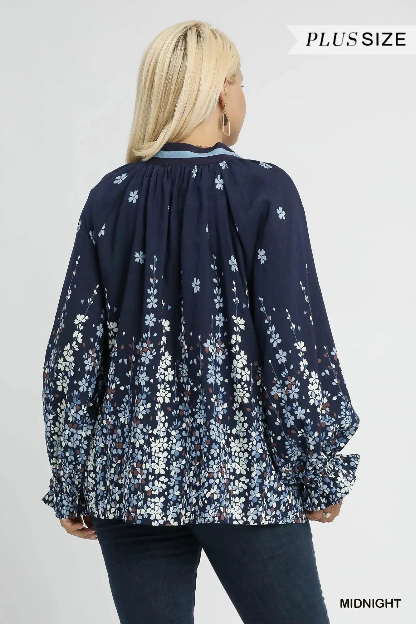 Umgee Full Size Floral Vine Print Blouse with Balloon Sleeves Plus Size jehouze