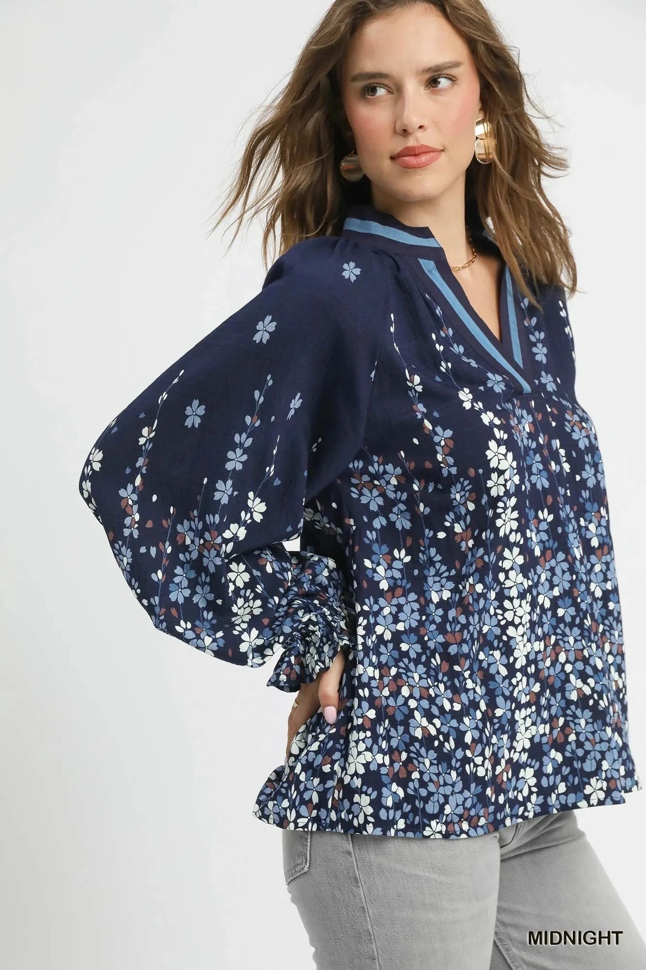 Umgee Full Size Floral Vine Print Blouse with Balloon Sleeves Plus Size jehouze