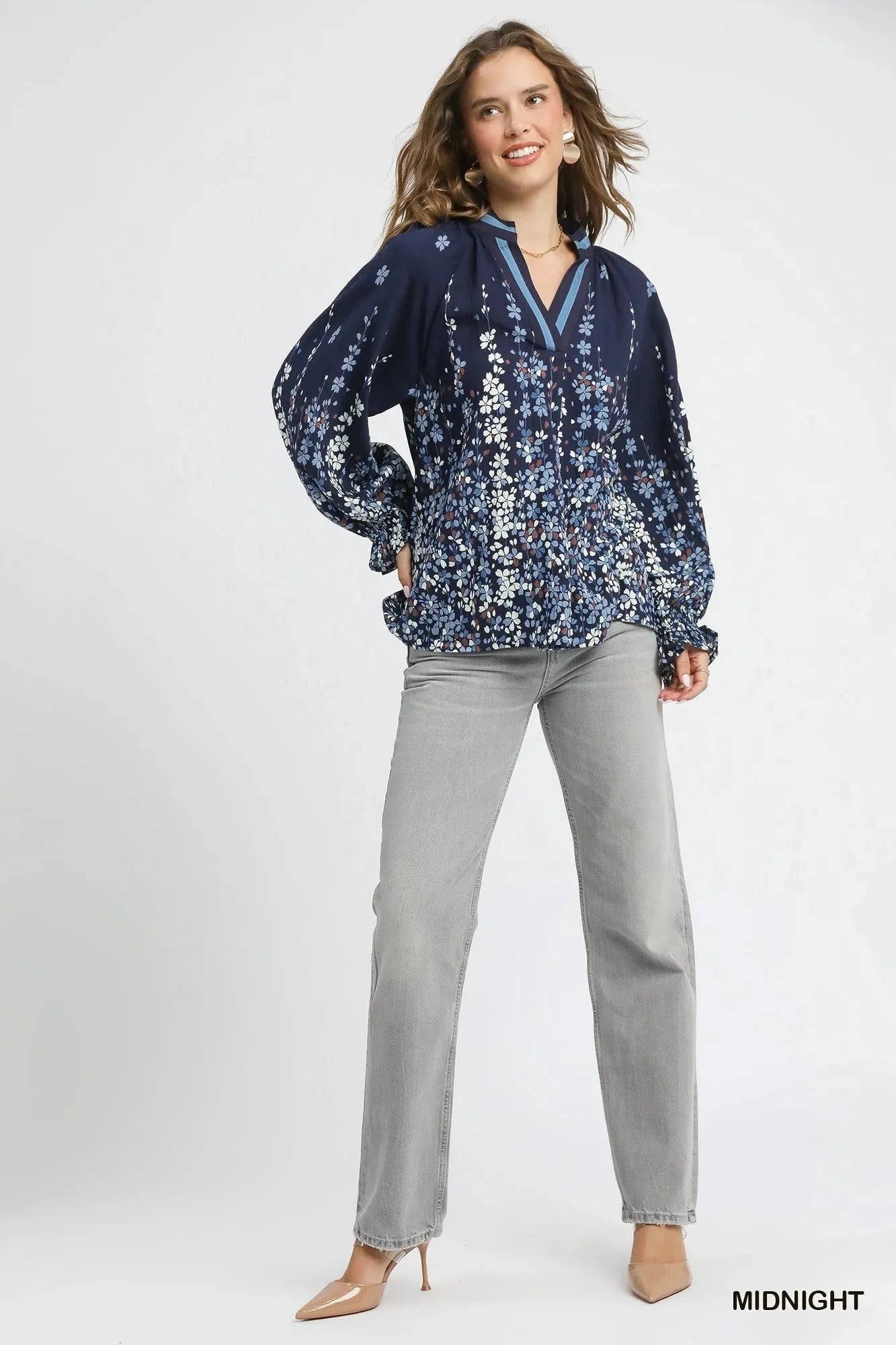Umgee Full Size Floral Vine Print Blouse with Balloon Sleeves Plus Size jehouze