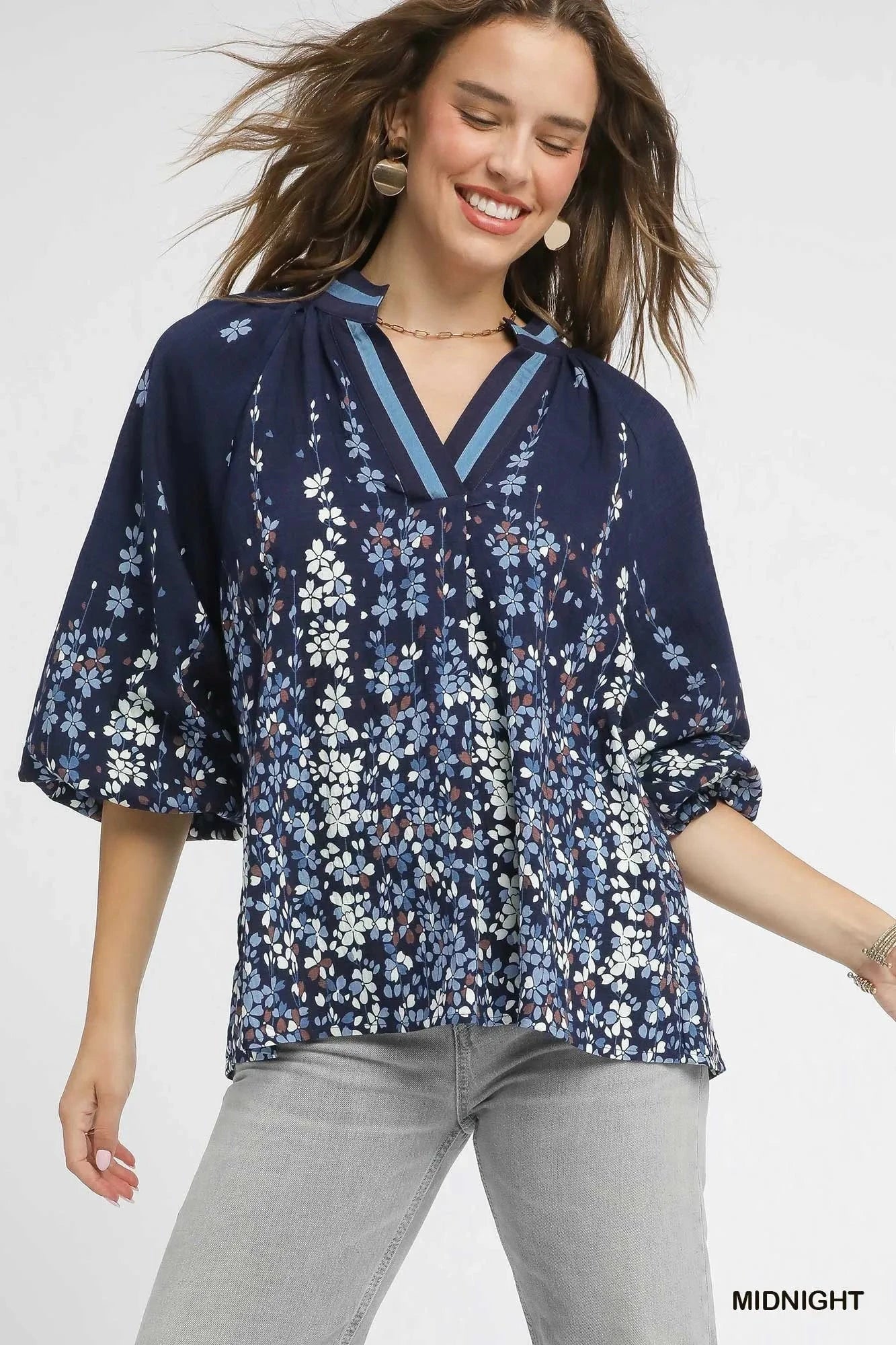 Umgee Full Size Floral Vine Print Blouse with Balloon Sleeves Plus Size jehouze MIDNIGHT S