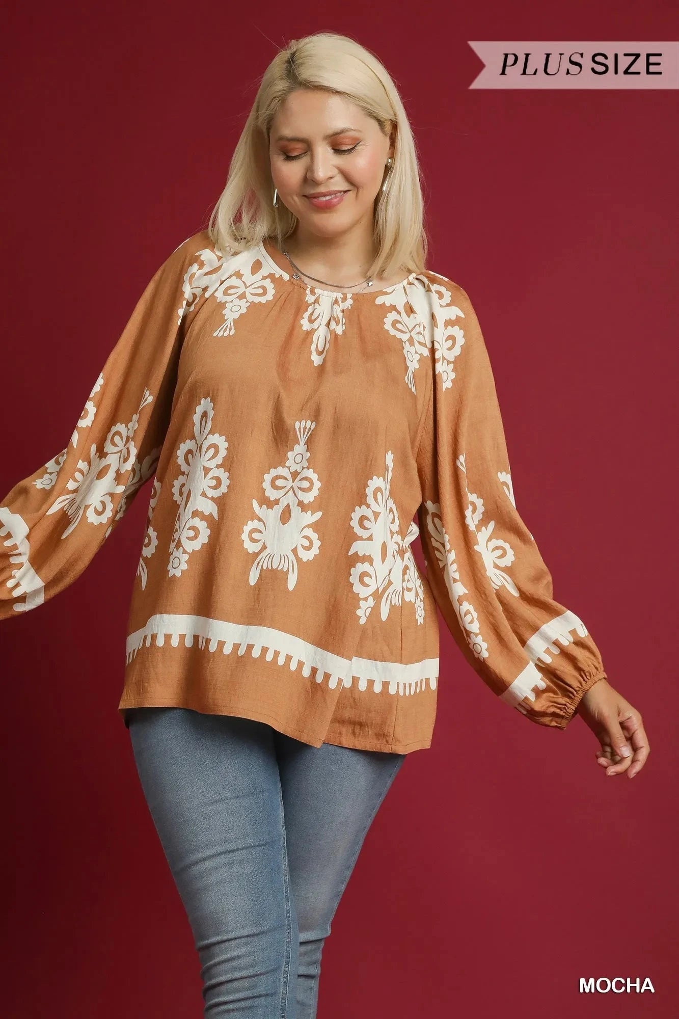 Umgee Full Size Two Tone Border Print Top with Balloon Sleeves Plus Size jehouze