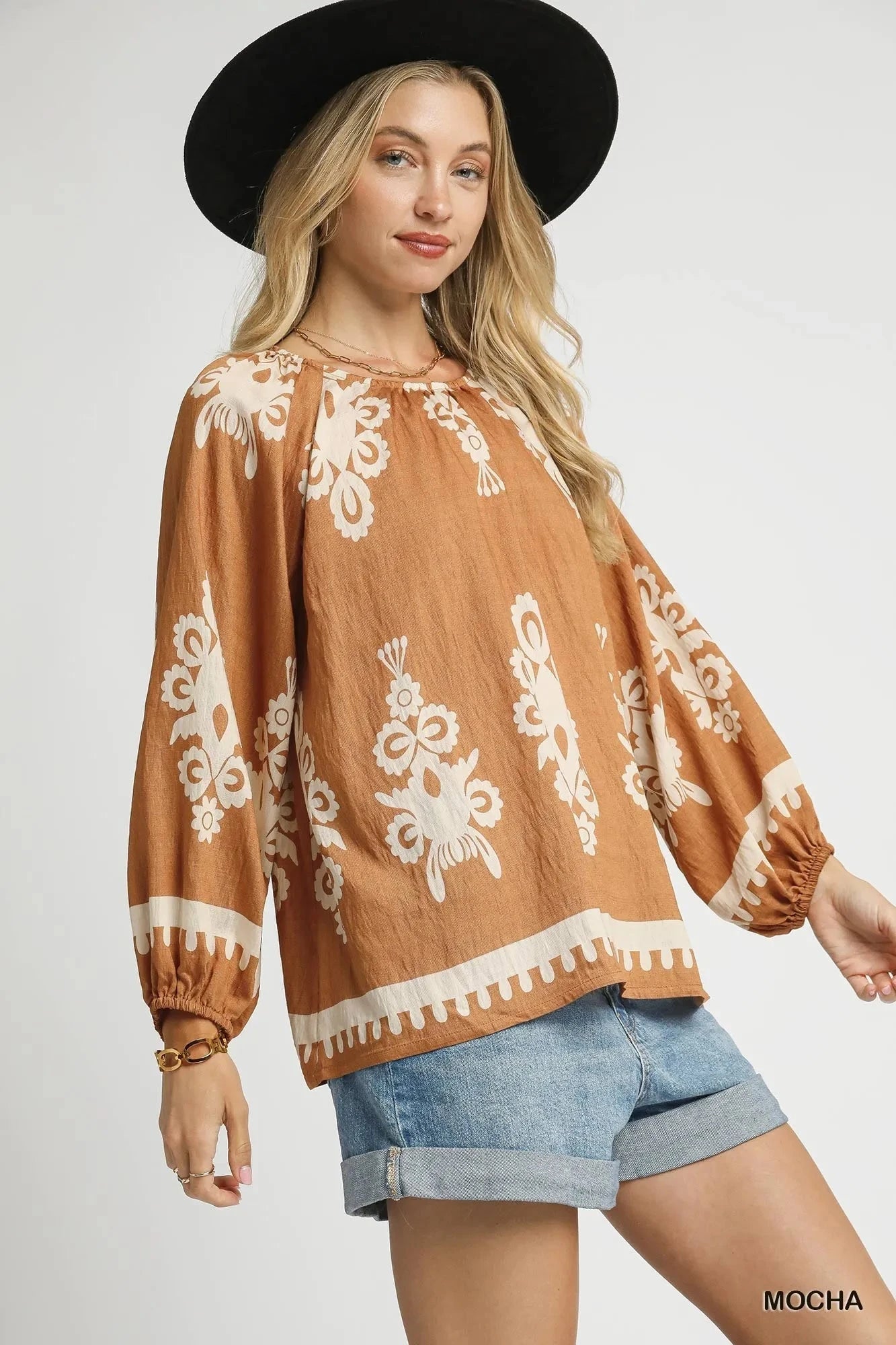 Umgee Full Size Two Tone Border Print Top with Balloon Sleeves Plus Size jehouze
