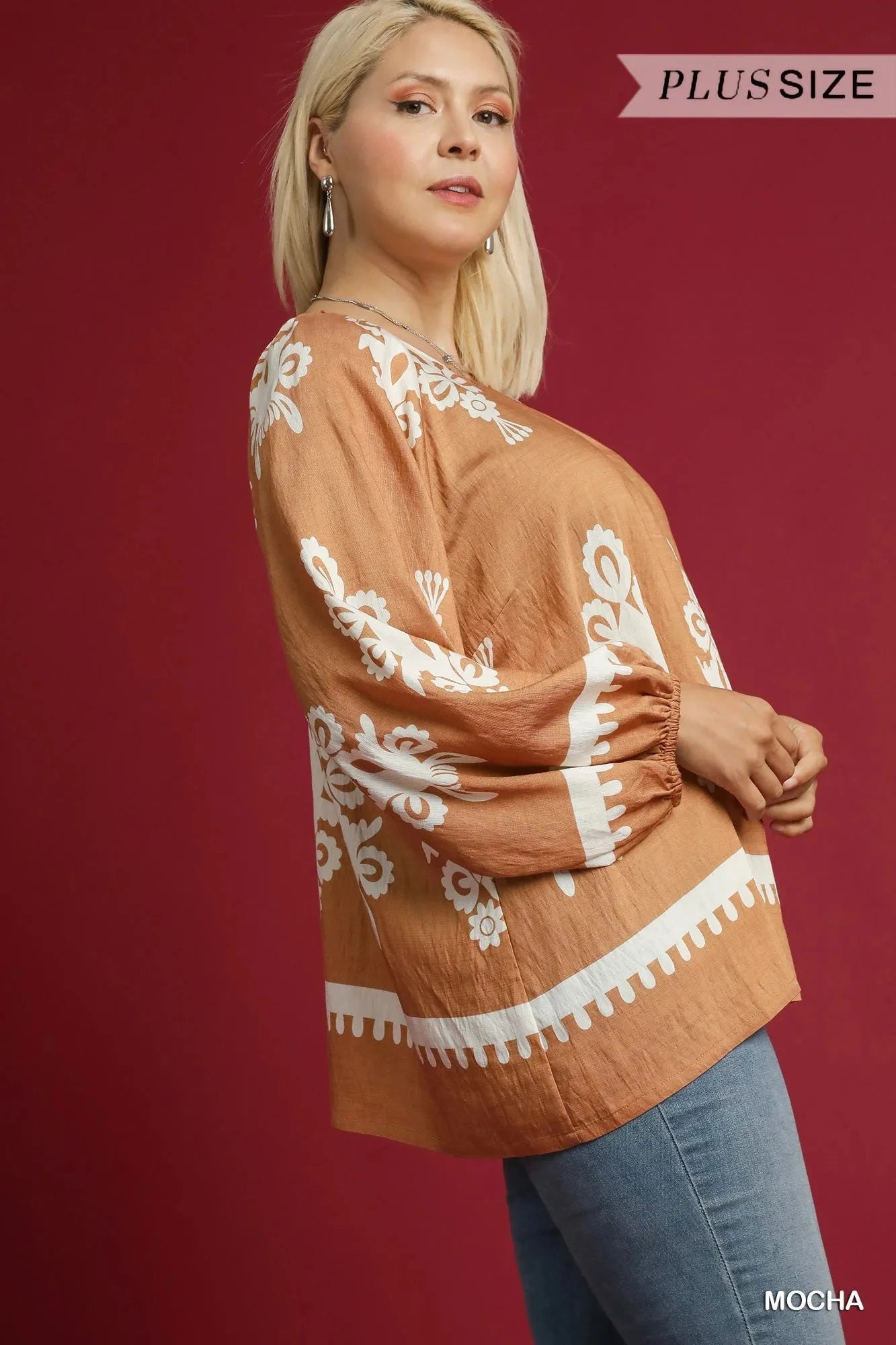 Umgee Full Size Two Tone Border Print Top with Balloon Sleeves Plus Size jehouze