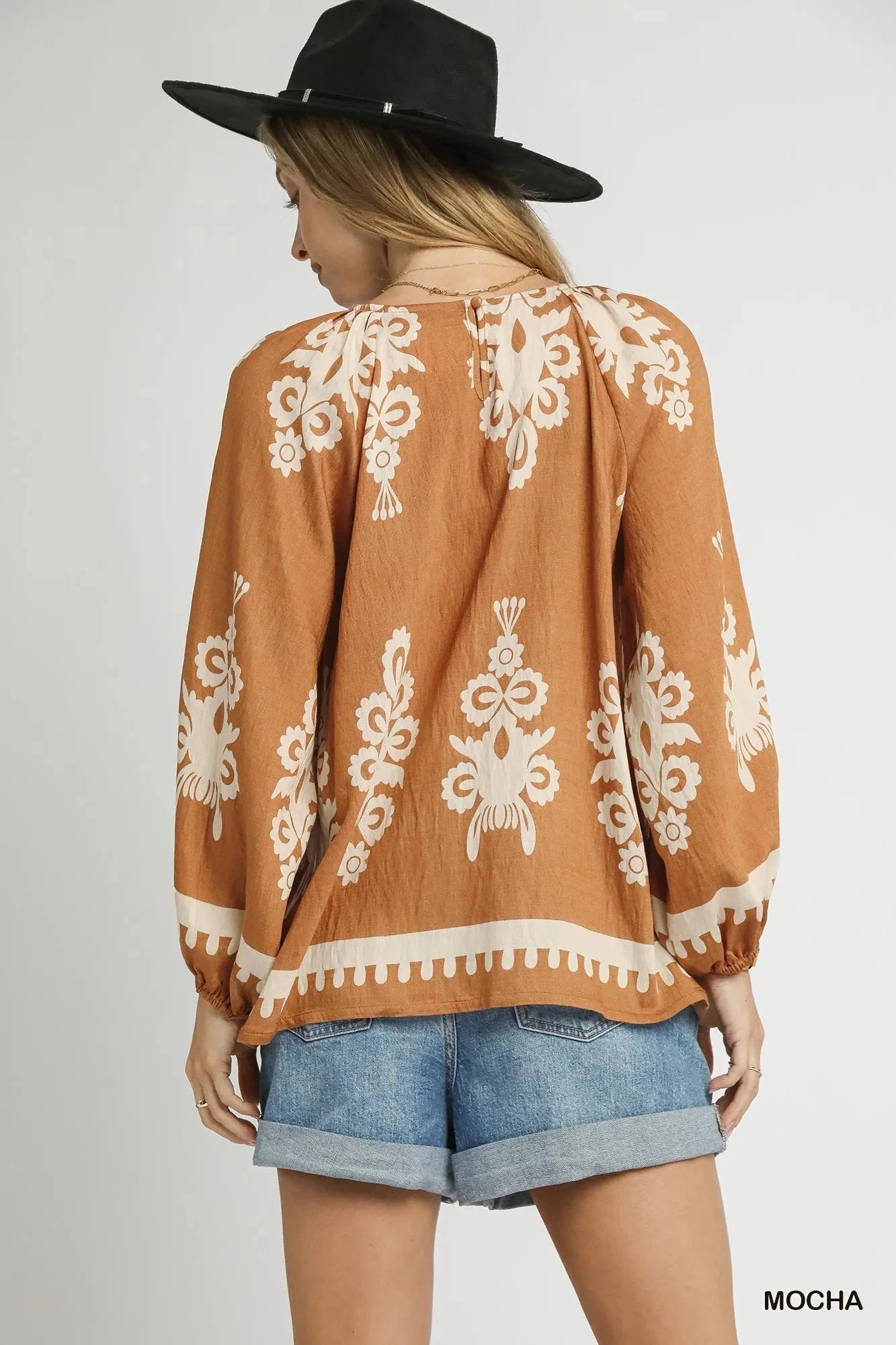 Umgee Full Size Two Tone Border Print Top with Balloon Sleeves Plus Size jehouze