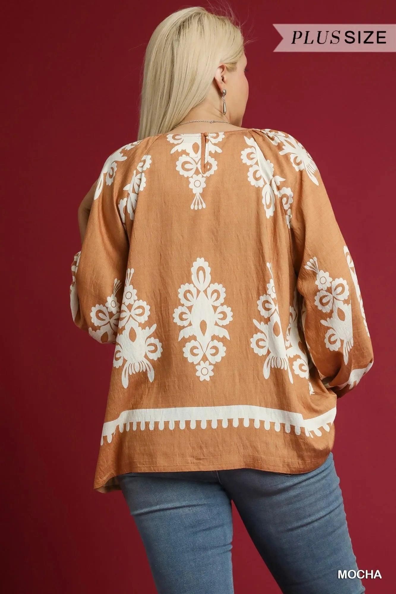Umgee Full Size Two Tone Border Print Top with Balloon Sleeves Plus Size jehouze