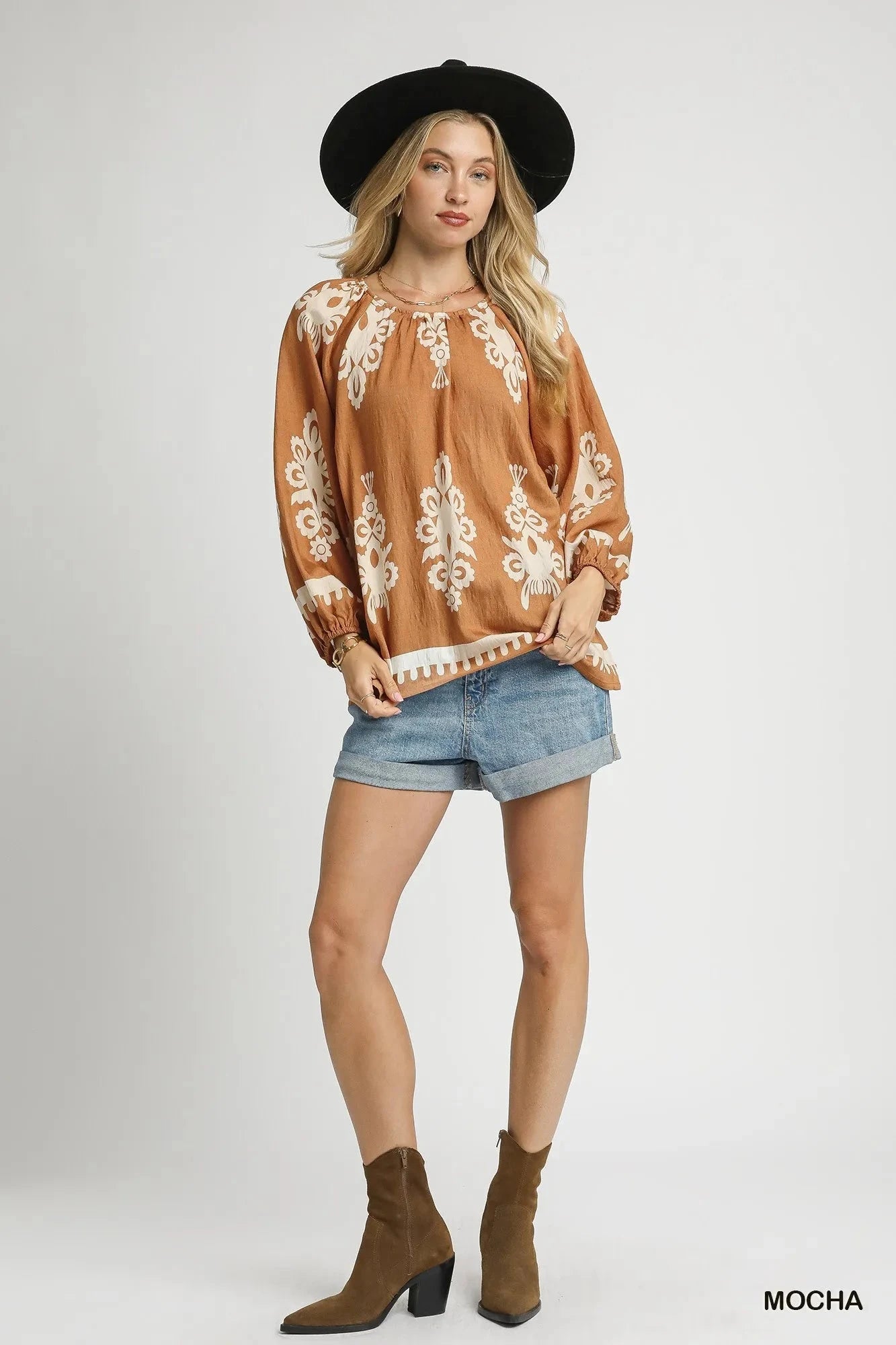 Umgee Full Size Two Tone Border Print Top with Balloon Sleeves Plus Size jehouze