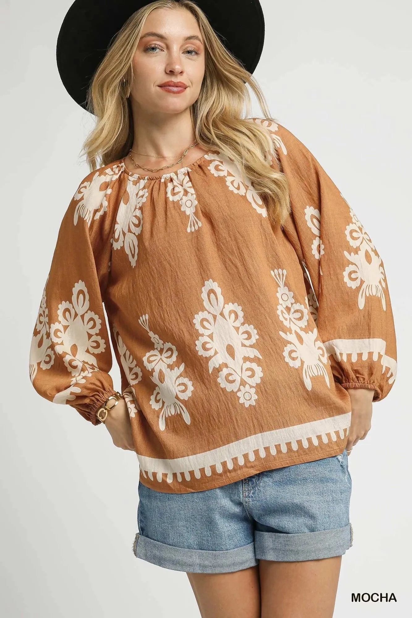 Umgee Full Size Two Tone Border Print Top with Balloon Sleeves Plus Size jehouze MOCHA S