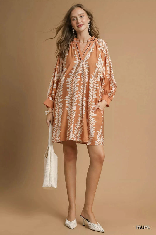 Umgee Leaf Print Notched Mini Babydoll Dress Dresses jehouze TAUPE S