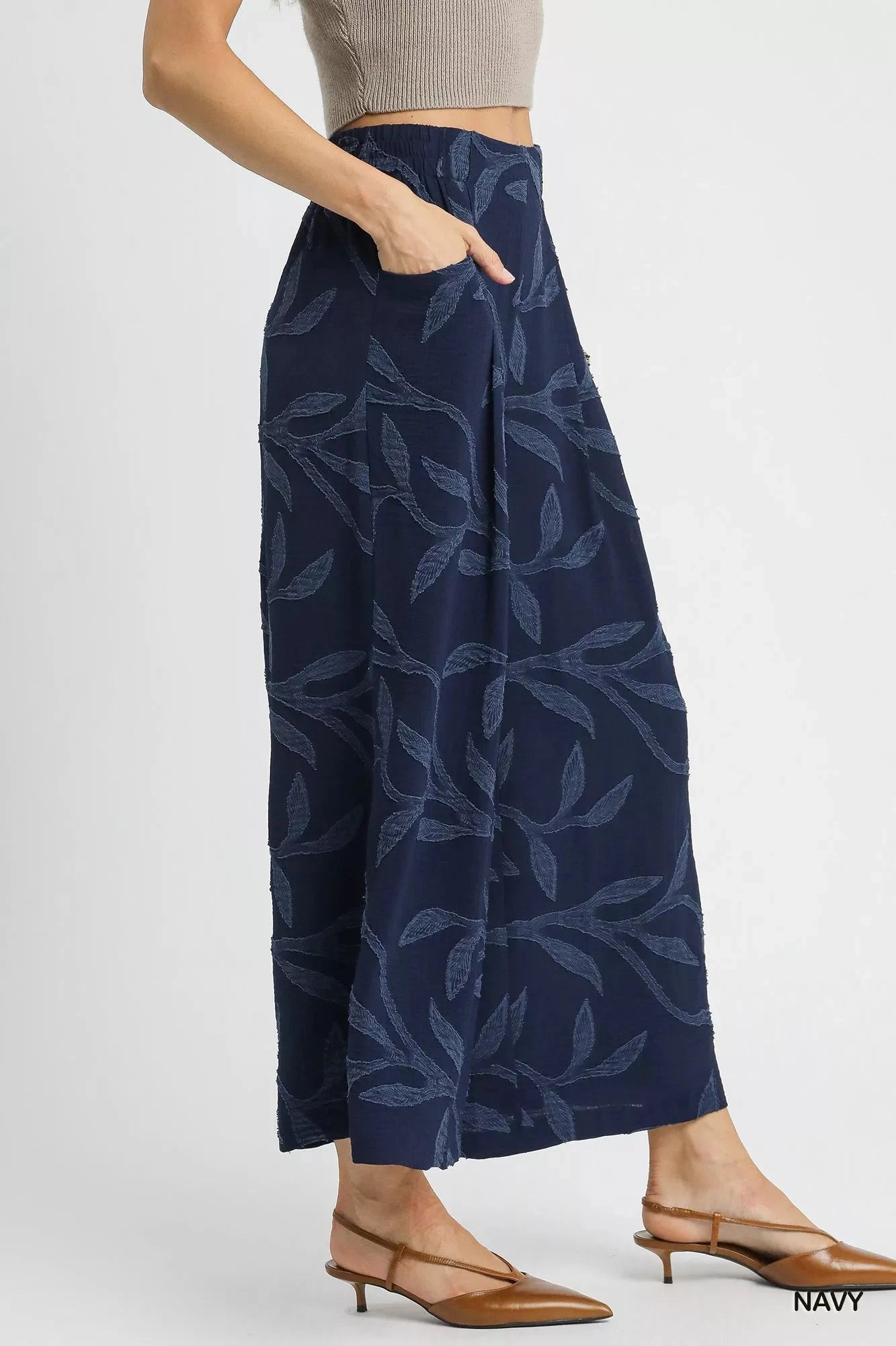 Umgee navy Blue Jacquard Wide-Leg Pants Pants jehouze