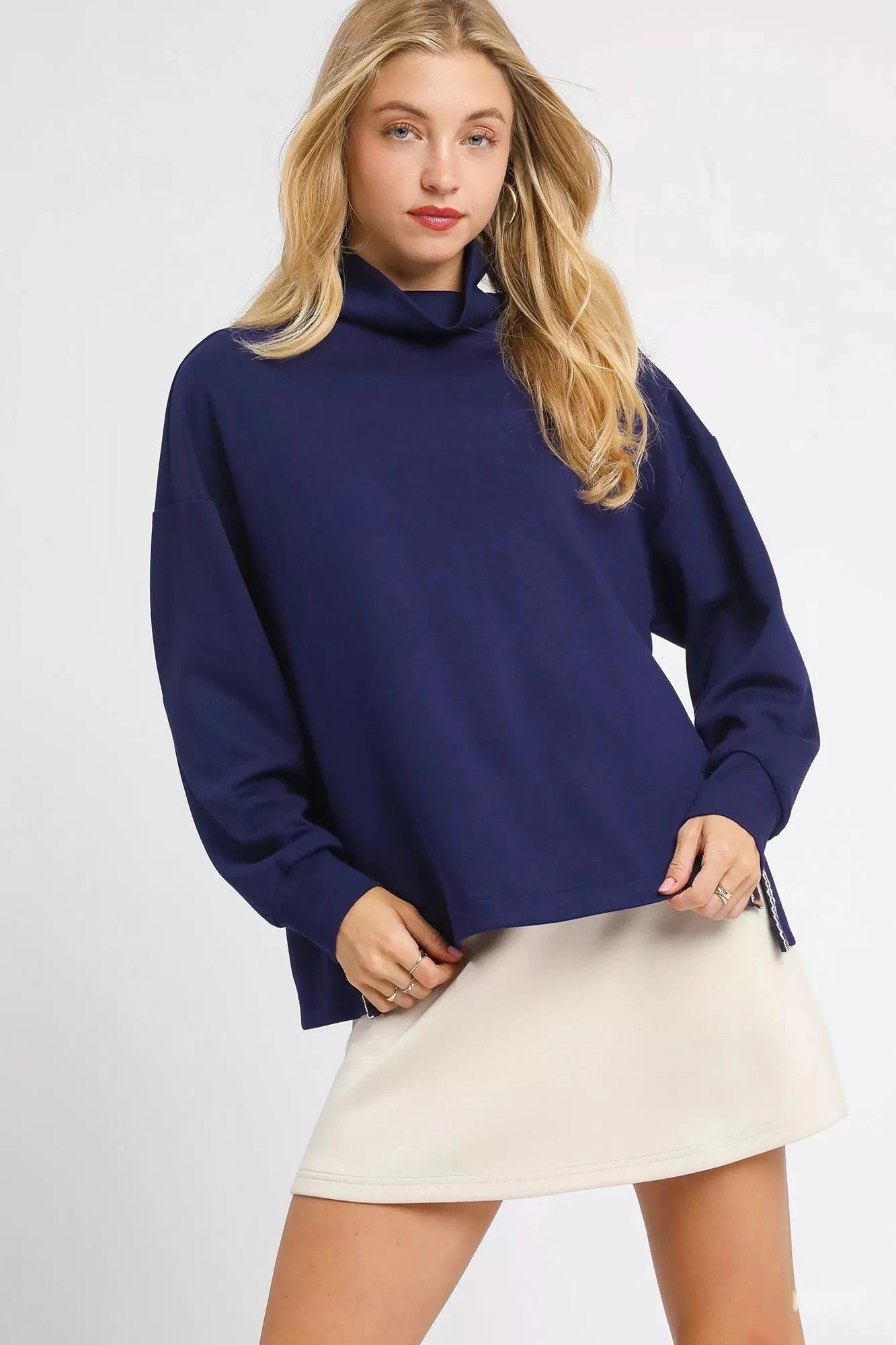 Umgee Navy Blue Turtle Neck Dolman Sleeve Side Slit Sweater with Contrast Detail Shirts & Tops jehouze
