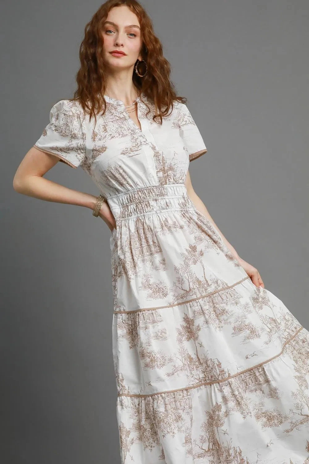 Umgee Plus Size Landscape Print Short Sleeve Tiered Maxi Dress Dresses jehouze
