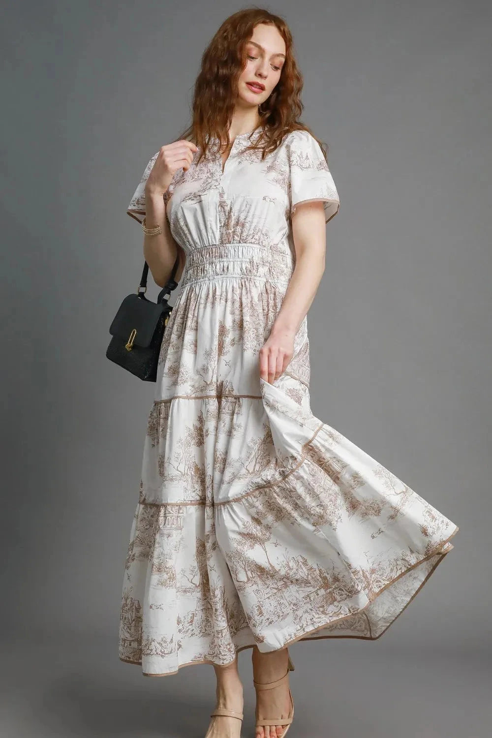Umgee Plus Size Landscape Print Short Sleeve Tiered Maxi Dress Dresses jehouze Camel S