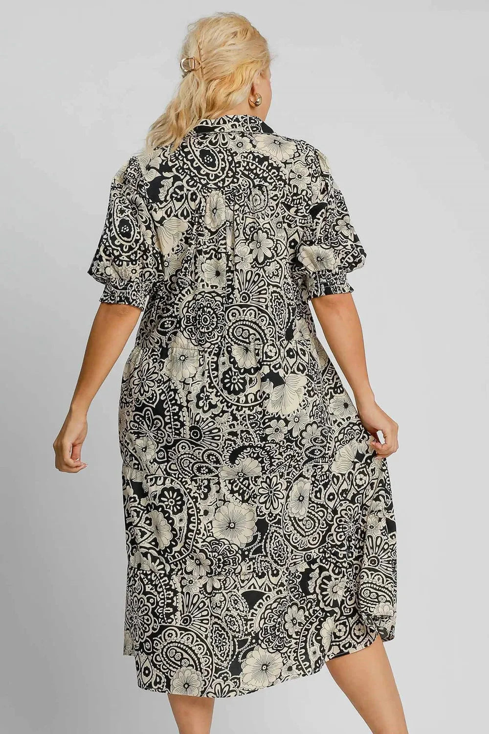 Umgee Plus Size Printed Smocked Cuff Puff Sleeve Midi Dress Dresses jehouze