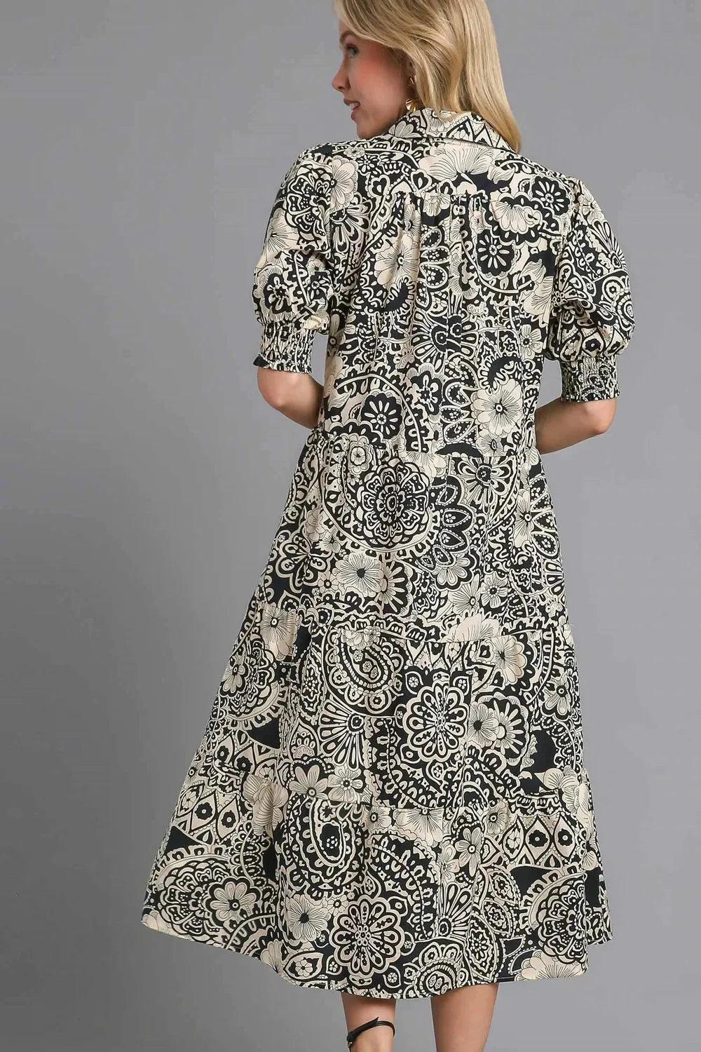 Umgee Plus Size Printed Smocked Cuff Puff Sleeve Midi Dress Dresses jehouze