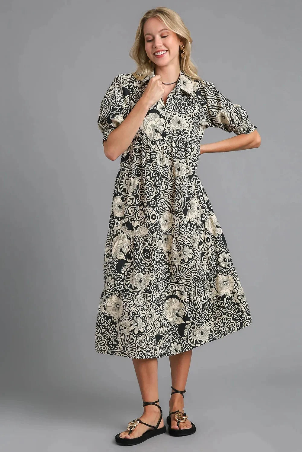 Umgee Plus Size Printed Smocked Cuff Puff Sleeve Midi Dress Dresses jehouze Black S