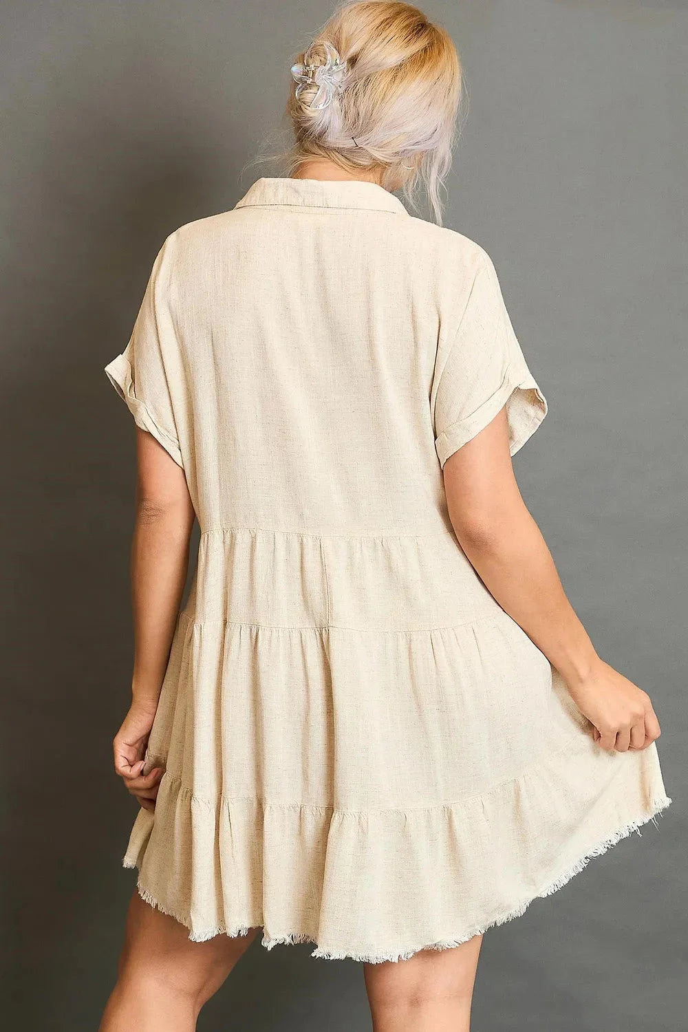 Umgee Plus Size Raw Hem Folded Sleeve Tiered Dress Dresses jehouze