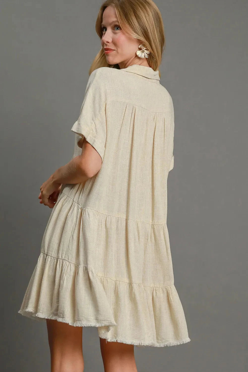 Umgee Plus Size Raw Hem Folded Sleeve Tiered Dress Dresses jehouze