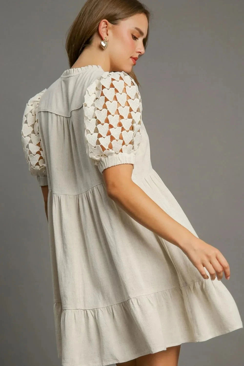 Umgee Plus Size Ruffled Hem Heart Lace Sleeve Tie Neck Dress Dresses jehouze