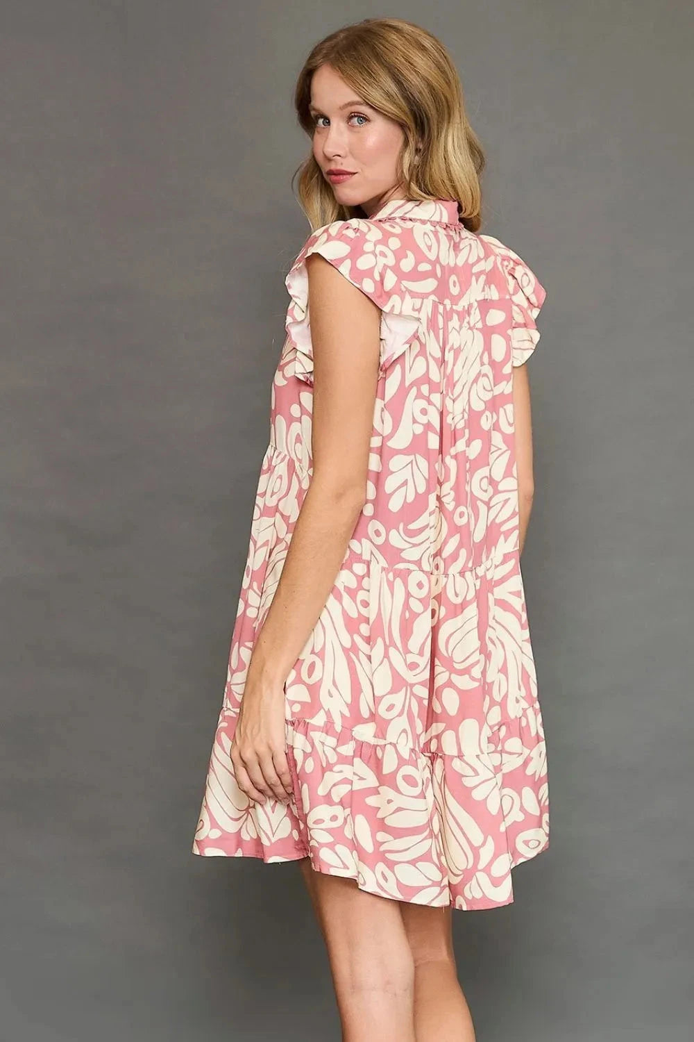 Umgee Plus Size Two Tone Printed Ruffled Cap Sleeve Mini Dress Dresses jehouze