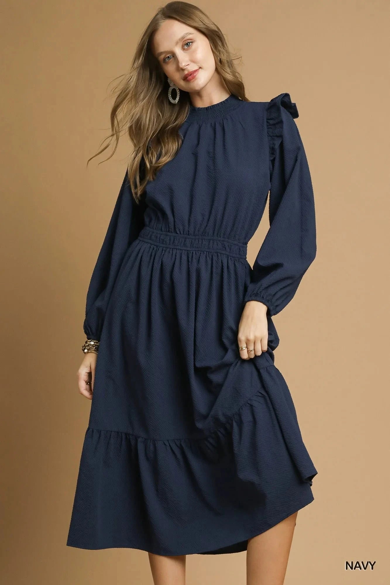 Umgee Textured Midi Dress with Ruffle Shoulder Detail Dresses jehouze