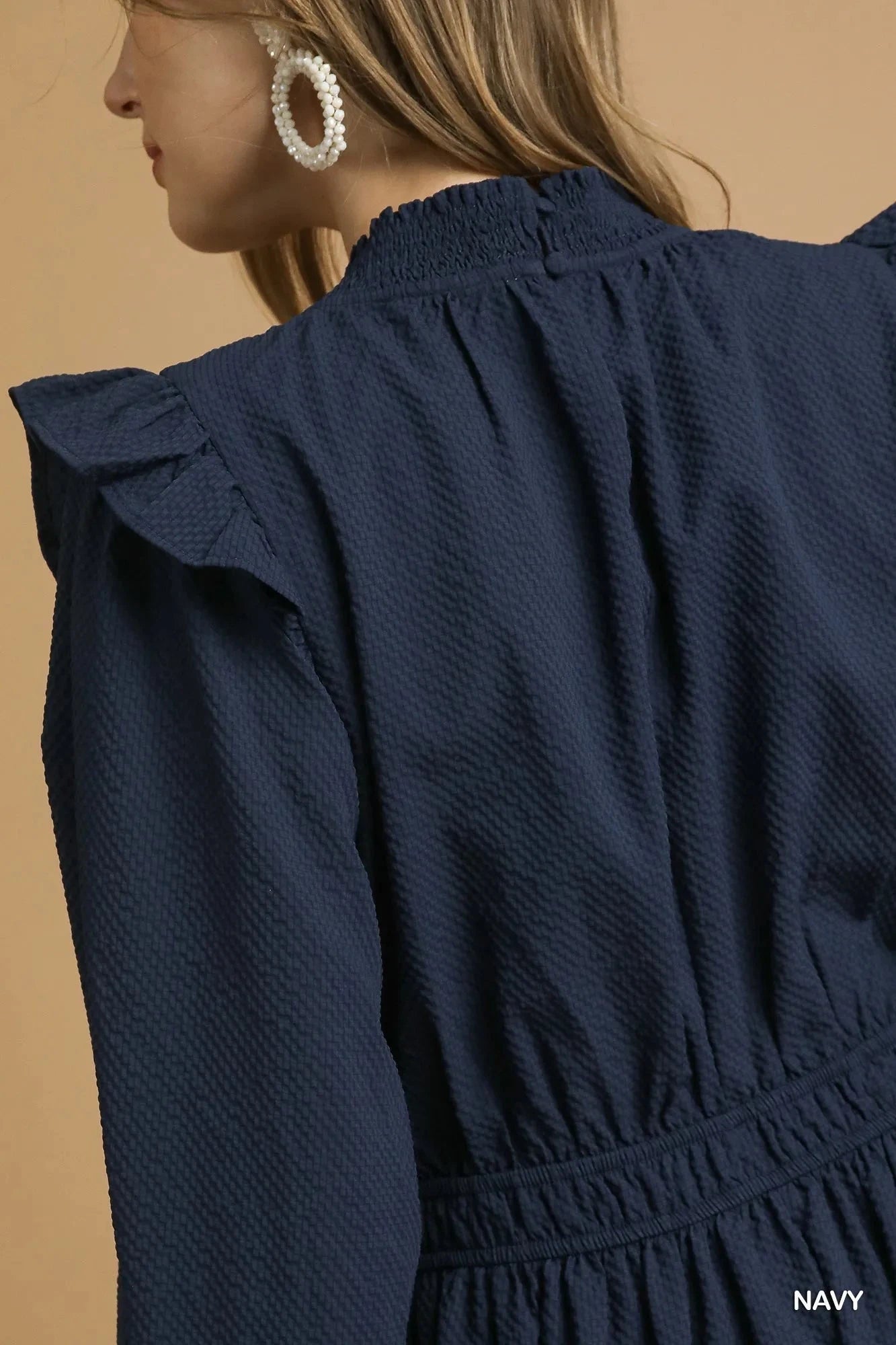 Umgee Textured Midi Dress with Ruffle Shoulder Detail Dresses jehouze