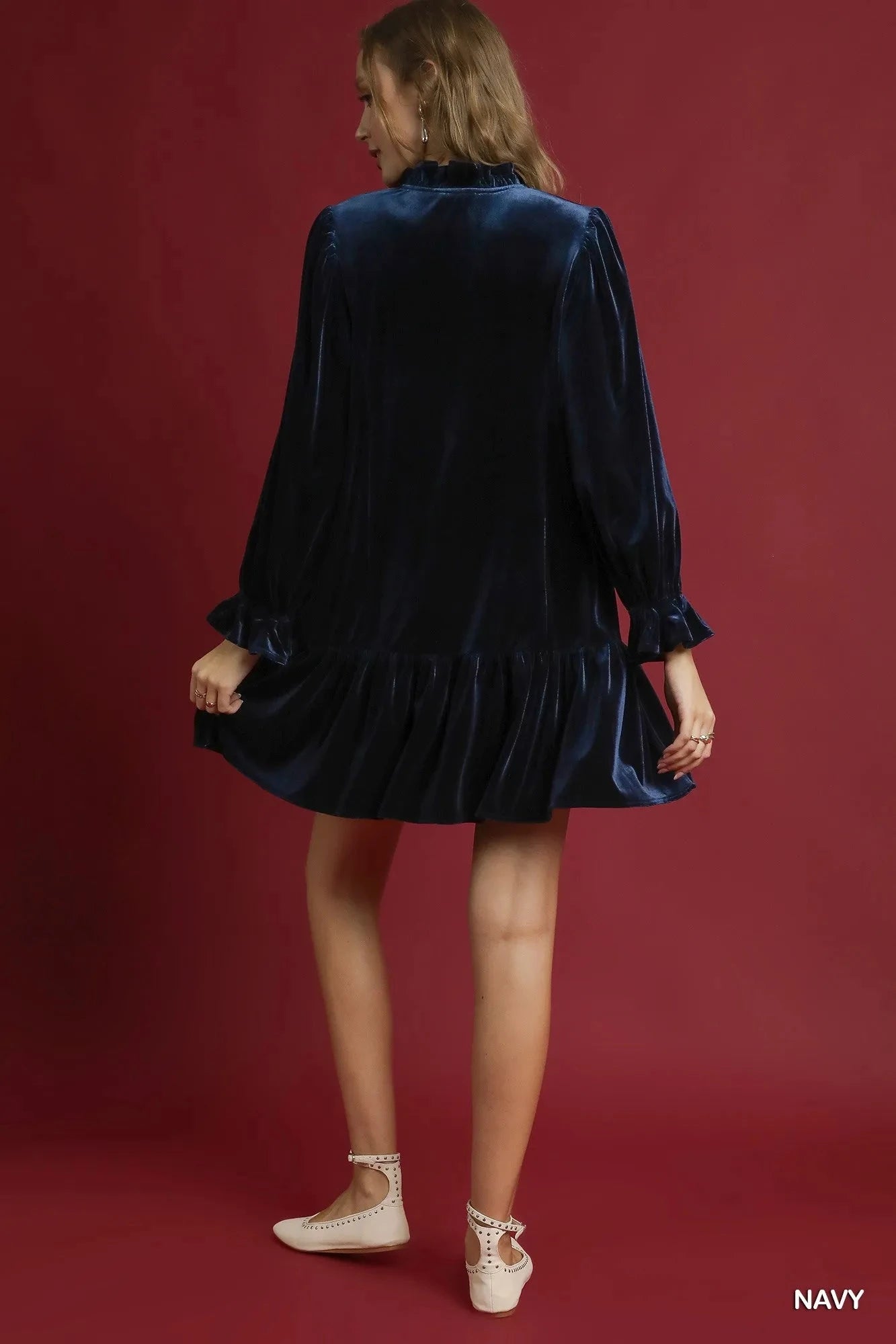 Umgee Velvet Ruffle Trim Mini Dress Dresses jehouze