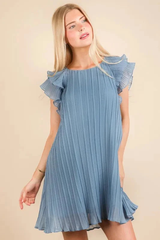 VERY J Plus Size Ruffle Sleeve Pleated Woven Mini Dress Dresses jehouze