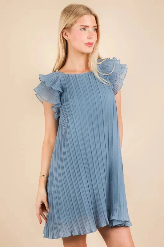 VERY J Plus Size Ruffle Sleeve Pleated Woven Mini Dress Dresses jehouze