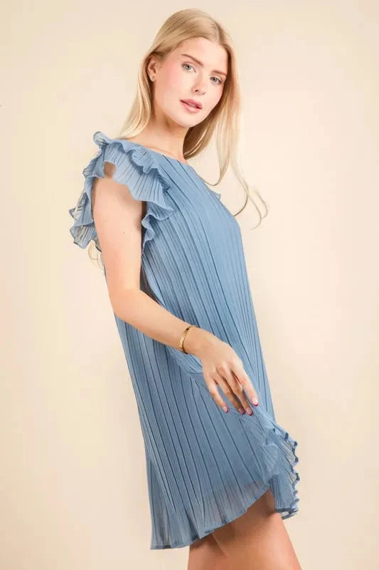 VERY J Plus Size Ruffle Sleeve Pleated Woven Mini Dress Dresses jehouze