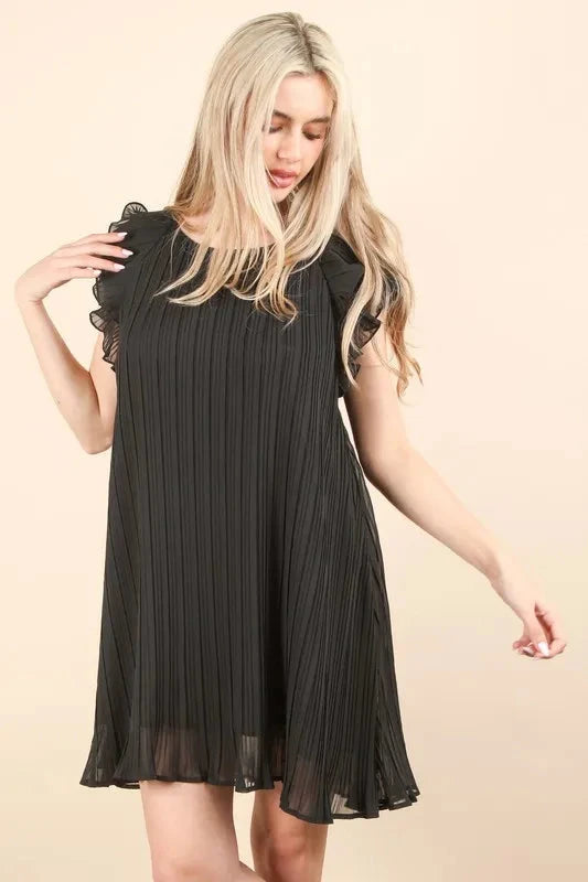 VERY J Plus Size Ruffle Sleeve Pleated Woven Mini Dress Dresses jehouze Black 2XL