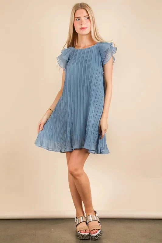 VERY J Plus Size Ruffle Sleeve Pleated Woven Mini Dress Dresses jehouze Denim 1XL