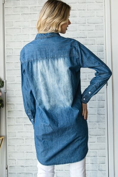 Veveret Pocketed Button Up Washed Denim Blue Shirt Coats & Jackets jehouze 