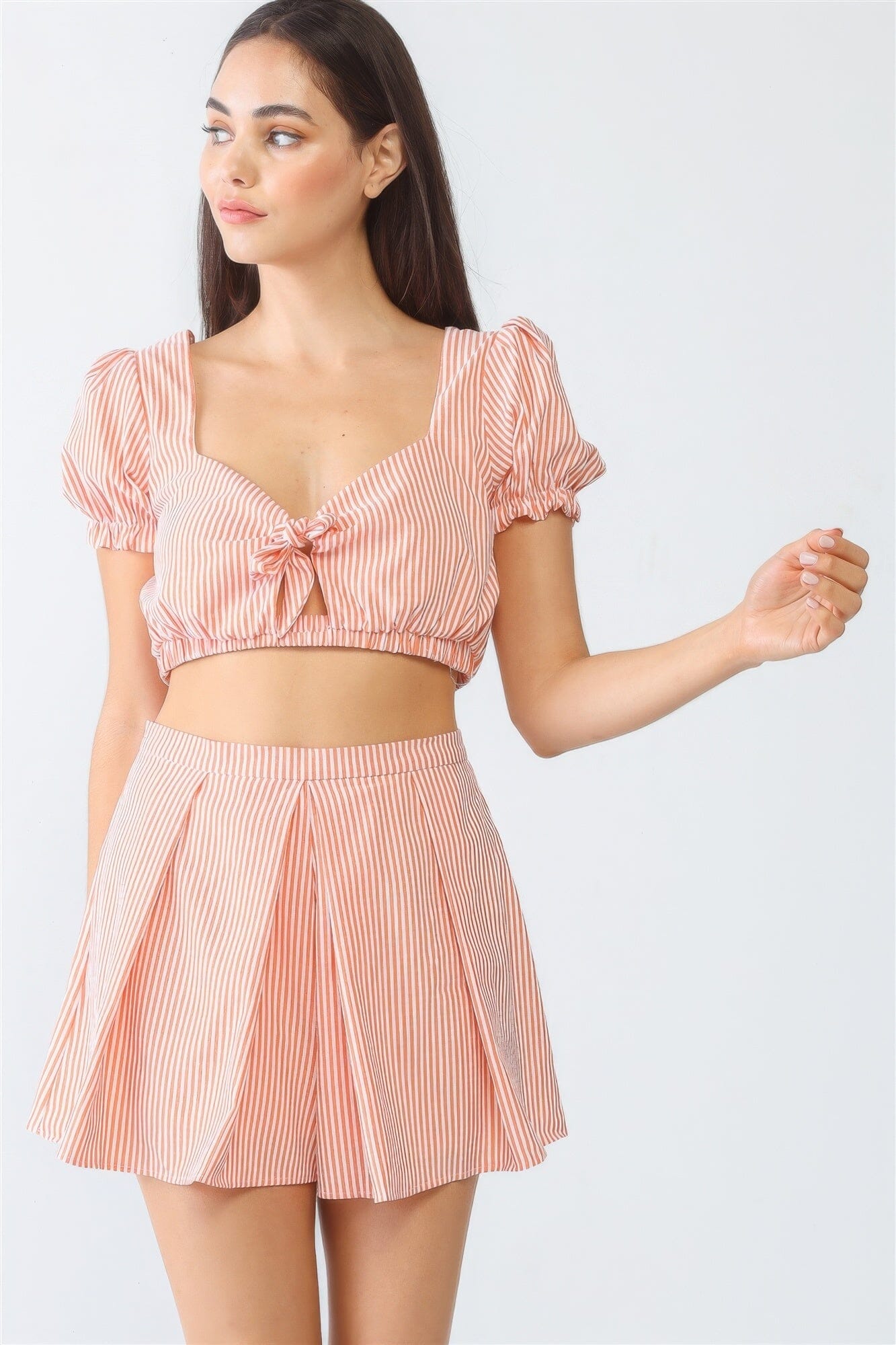 White & Orange Stripe Print Self-tie Short Sleeve Crop Top & High Waist Shorts Set Outfit Sets jehouze