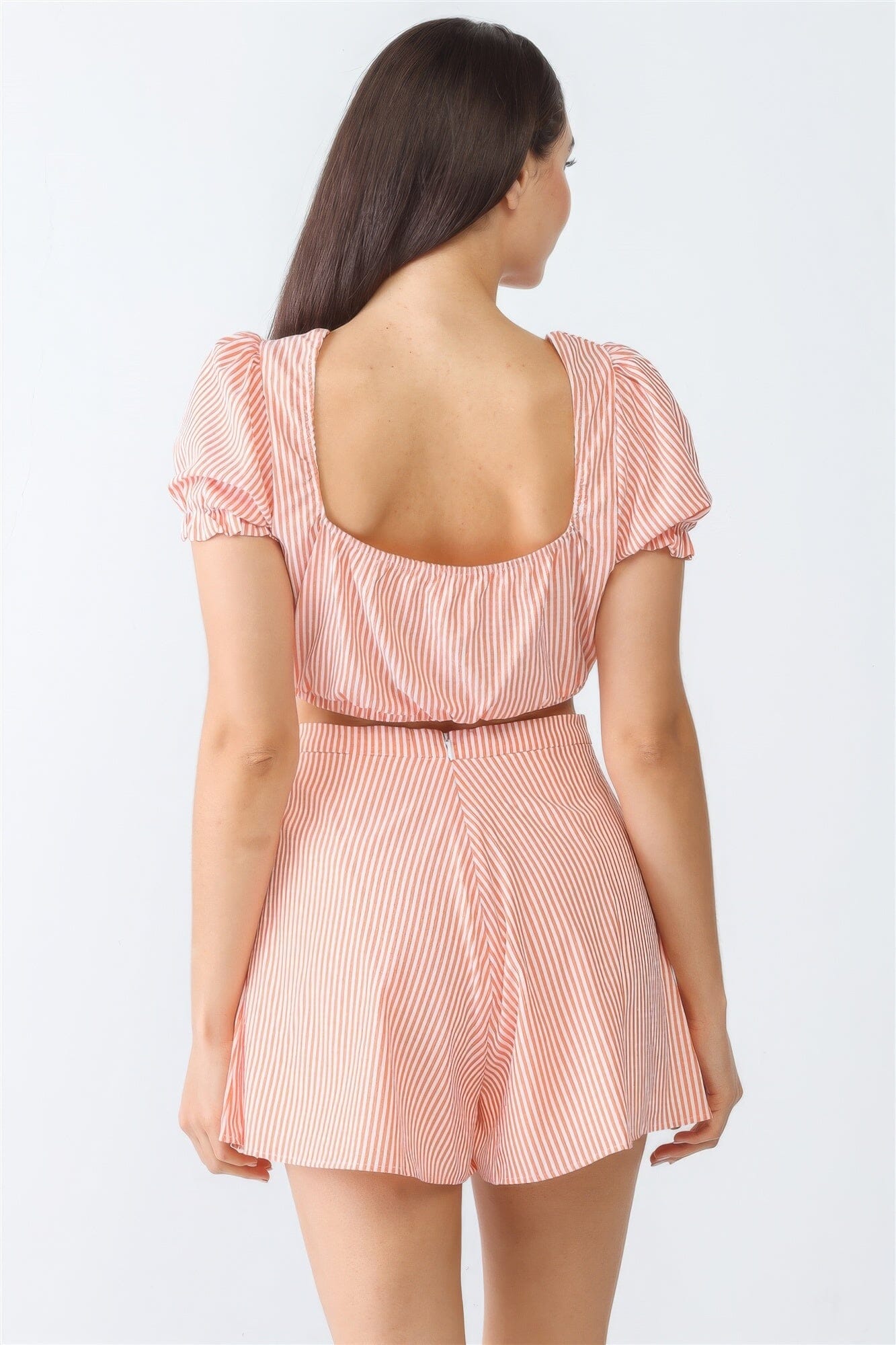 White & Orange Stripe Print Self-tie Short Sleeve Crop Top & High Waist Shorts Set Outfit Sets jehouze