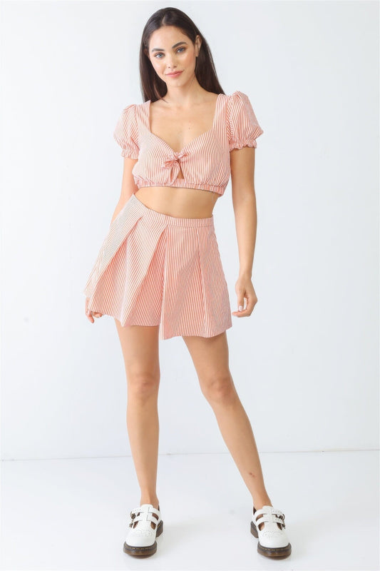 White & Orange Stripe Print Self-tie Short Sleeve Crop Top & High Waist Shorts Set Outfit Sets jehouze S