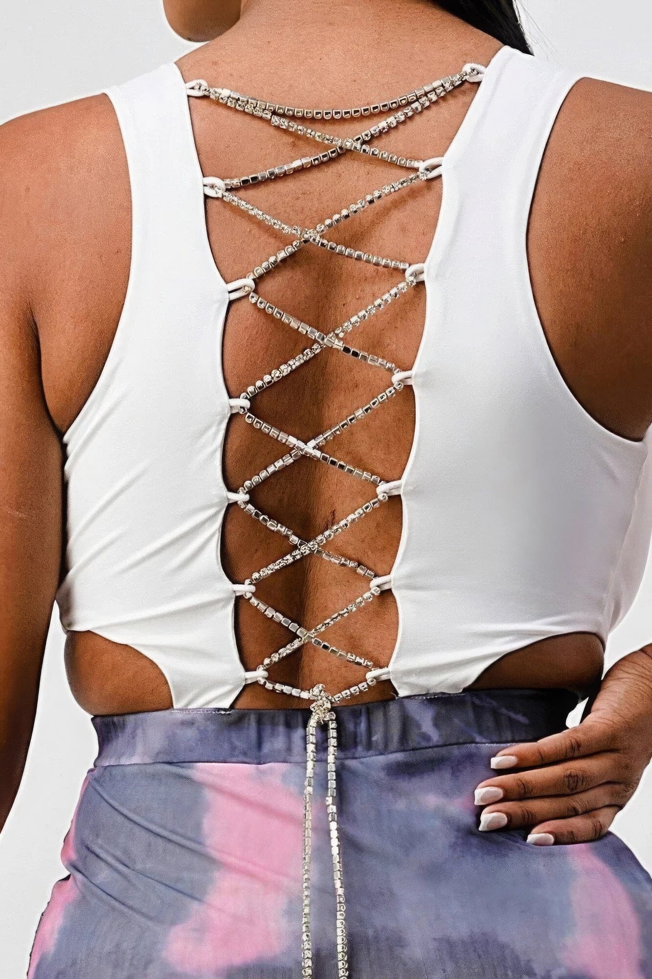 White Sleeveless Top With Detachable Rhinestone Cross Open Back With Bodycon Tie Dye Ruched Mini Dress Dresses jehouze