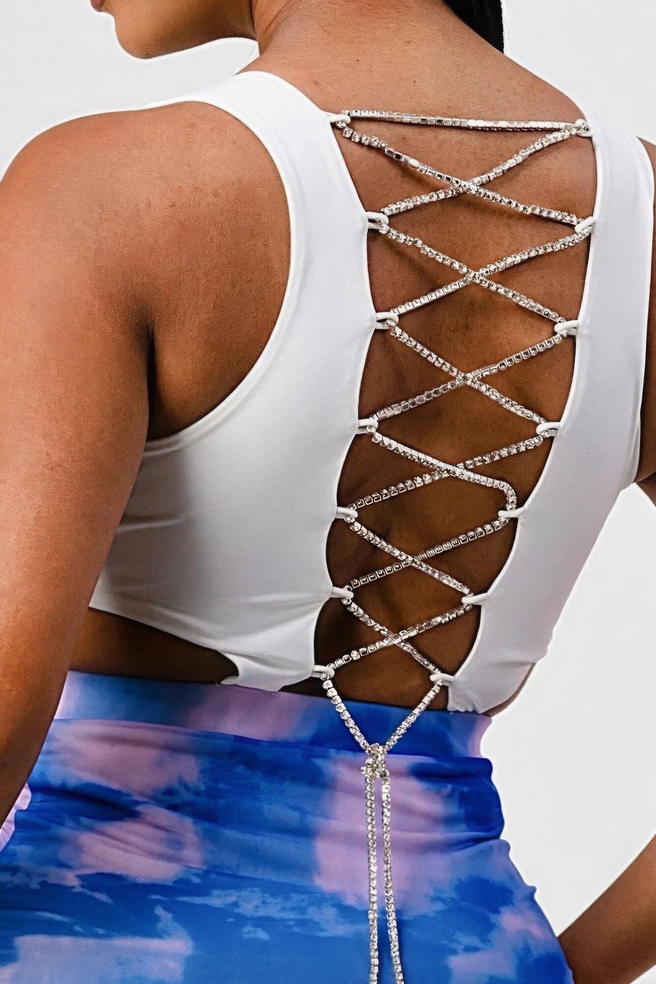 White Sleeveless Top With Detachable Rhinestone Cross Open Back With Bodycon Tie Dye Ruched Mini Dress Dresses jehouze