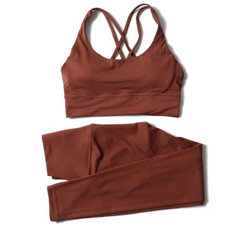 Women 2 pc High Waisted Leggings with Padded Strappy Sport Bra Activewear Set Activewear jehouze Bronze S 