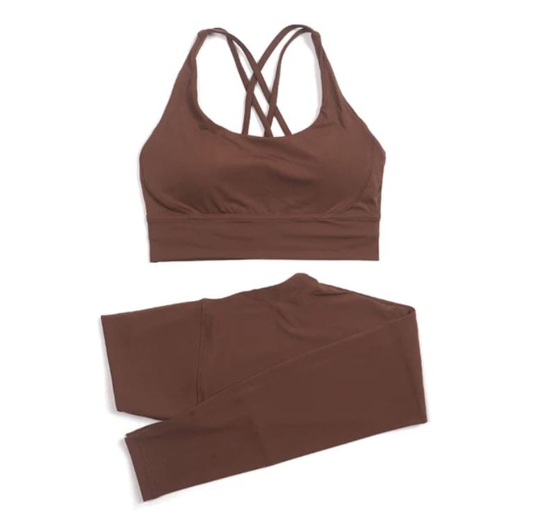 Women 2 pc High Waisted Leggings with Padded Strappy Sport Bra Activewear Set Activewear jehouze Chestnut S 