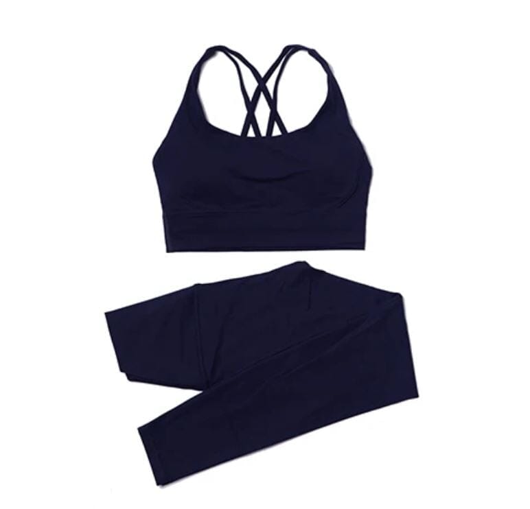 Women 2 pc High Waisted Leggings with Padded Strappy Sport Bra Activewear Set Activewear jehouze Dark Blue S 