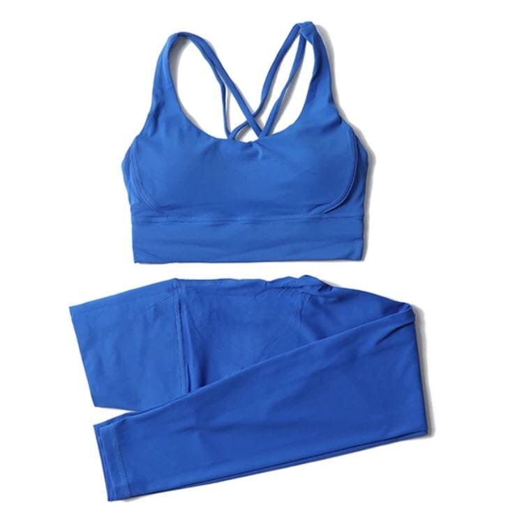 Women 2 pc High Waisted Leggings with Padded Strappy Sport Bra Activewear Set Activewear jehouze Electric Blue S 