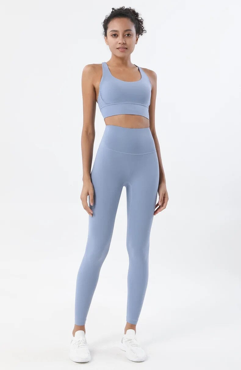 Women 2 pc High Waisted Leggings with Padded Strappy Sport Bra Activewear Set Activewear jehouze Gray Blue S 